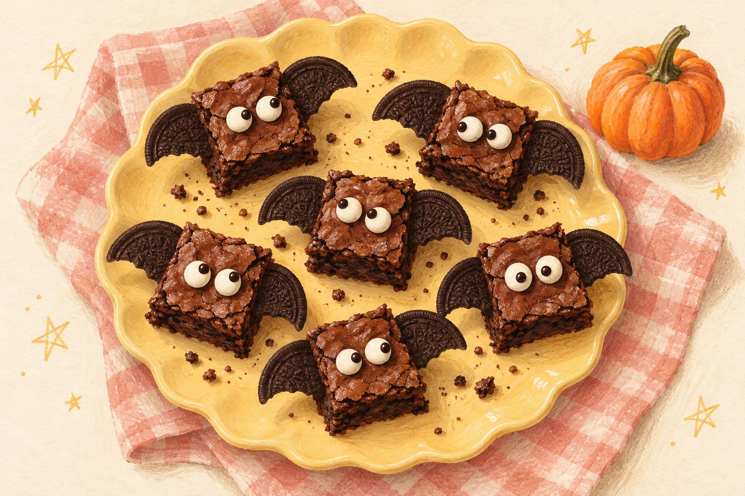 Gouache illustration of cheerful brownie bats with chocolate-cookie wings on a yellow plate
