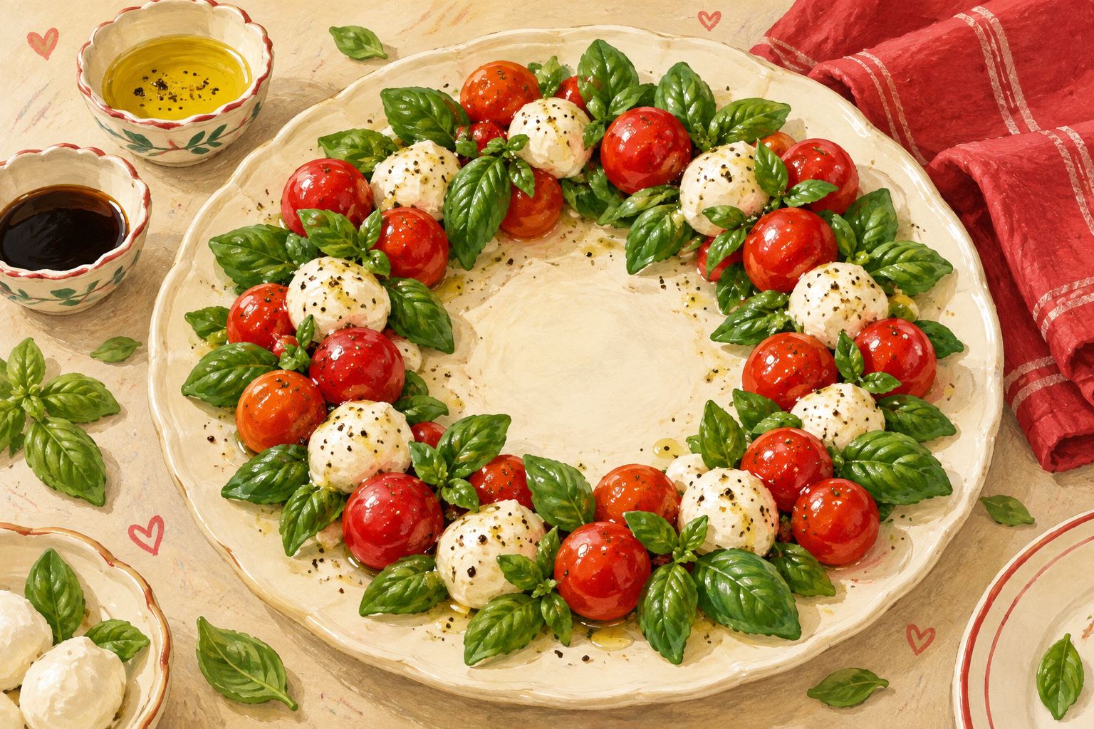 Gouache illustration of an edible wreath made from cherry tomatoes, mozzarella balls and basil on a cream plate