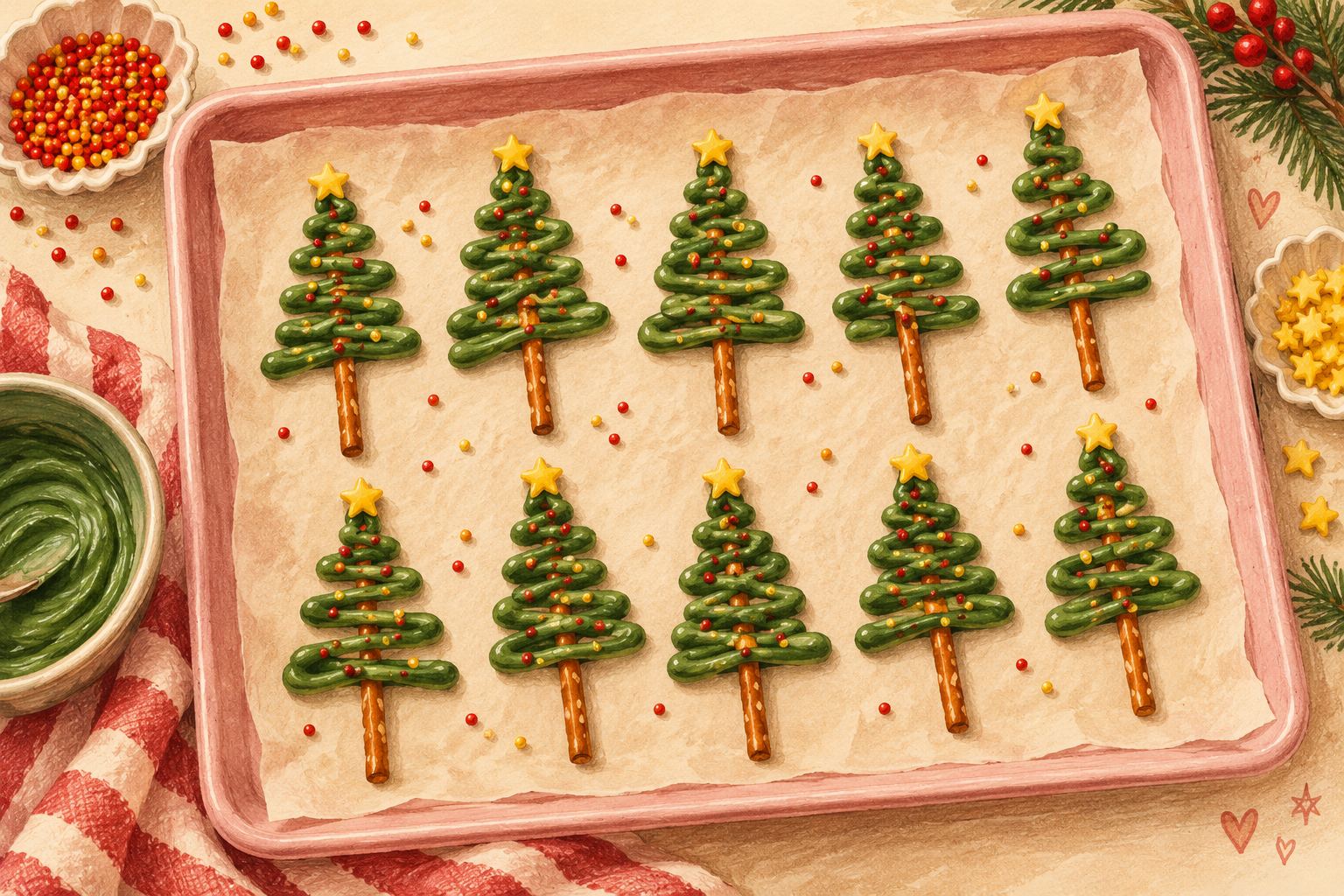 Hand-painted green zigzag candy-coating Christmas trees on pretzel trunks with tiny sprinkles and edible stars