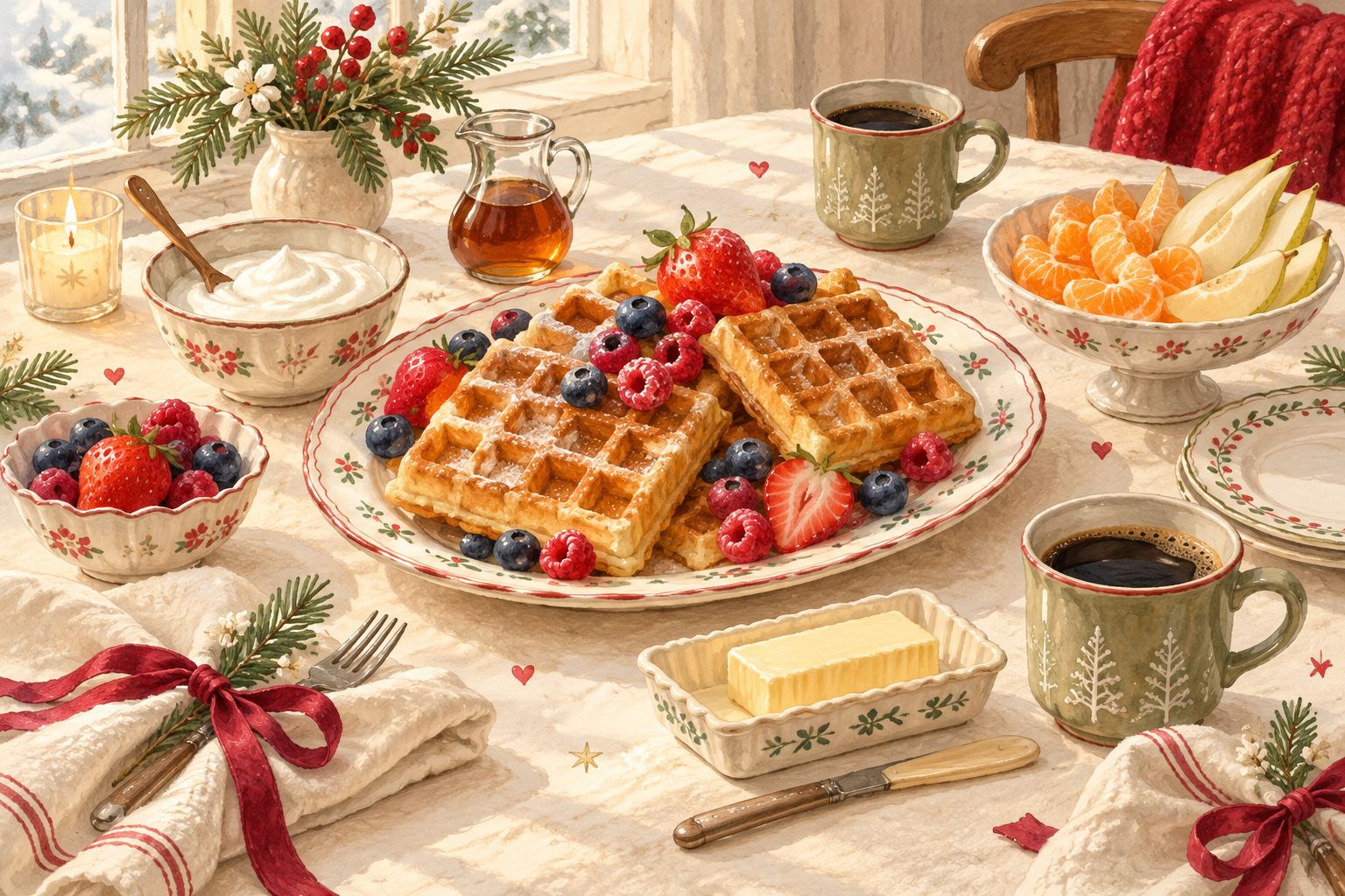 Hand-painted Christmas brunch with waffles, berries, yogurt and coffee on a festive table