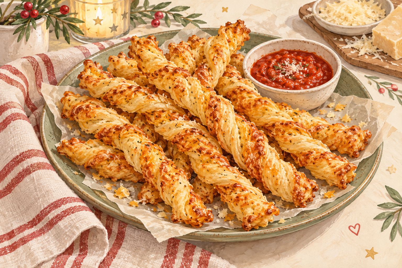 Gouache illustration of slender golden puff-pastry cheese twists on parchment beside a small tomato-dip bowl