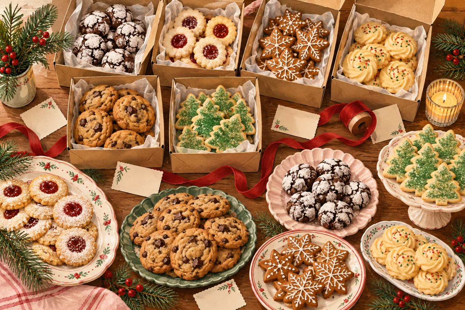 Hand-painted cookie-swap table with six open bakery boxes, mixed cookies, blank ingredient cards and red ribbon