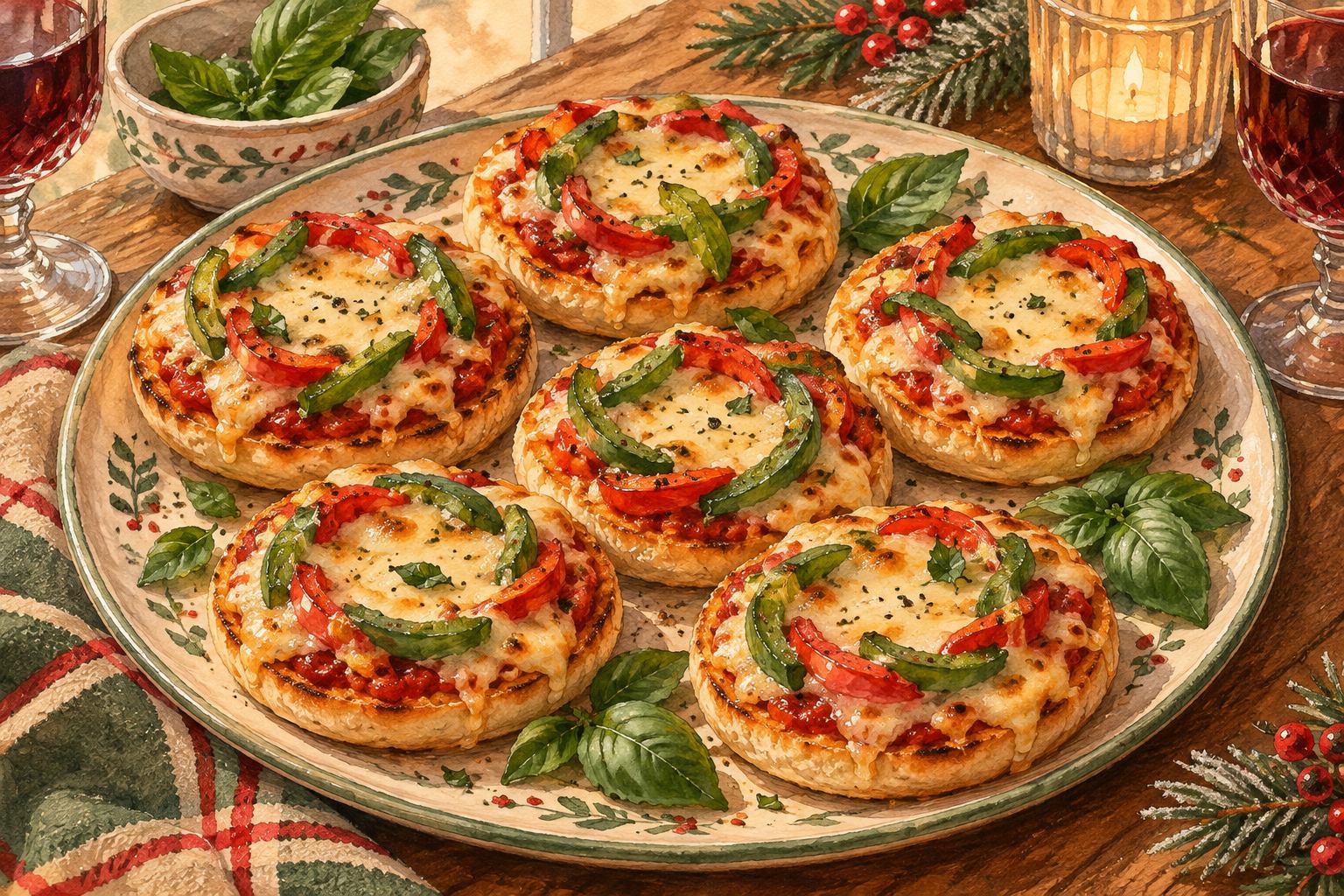 Hand-painted English muffin pizzas with melted cheese and red and green pepper wreaths on a cream platter