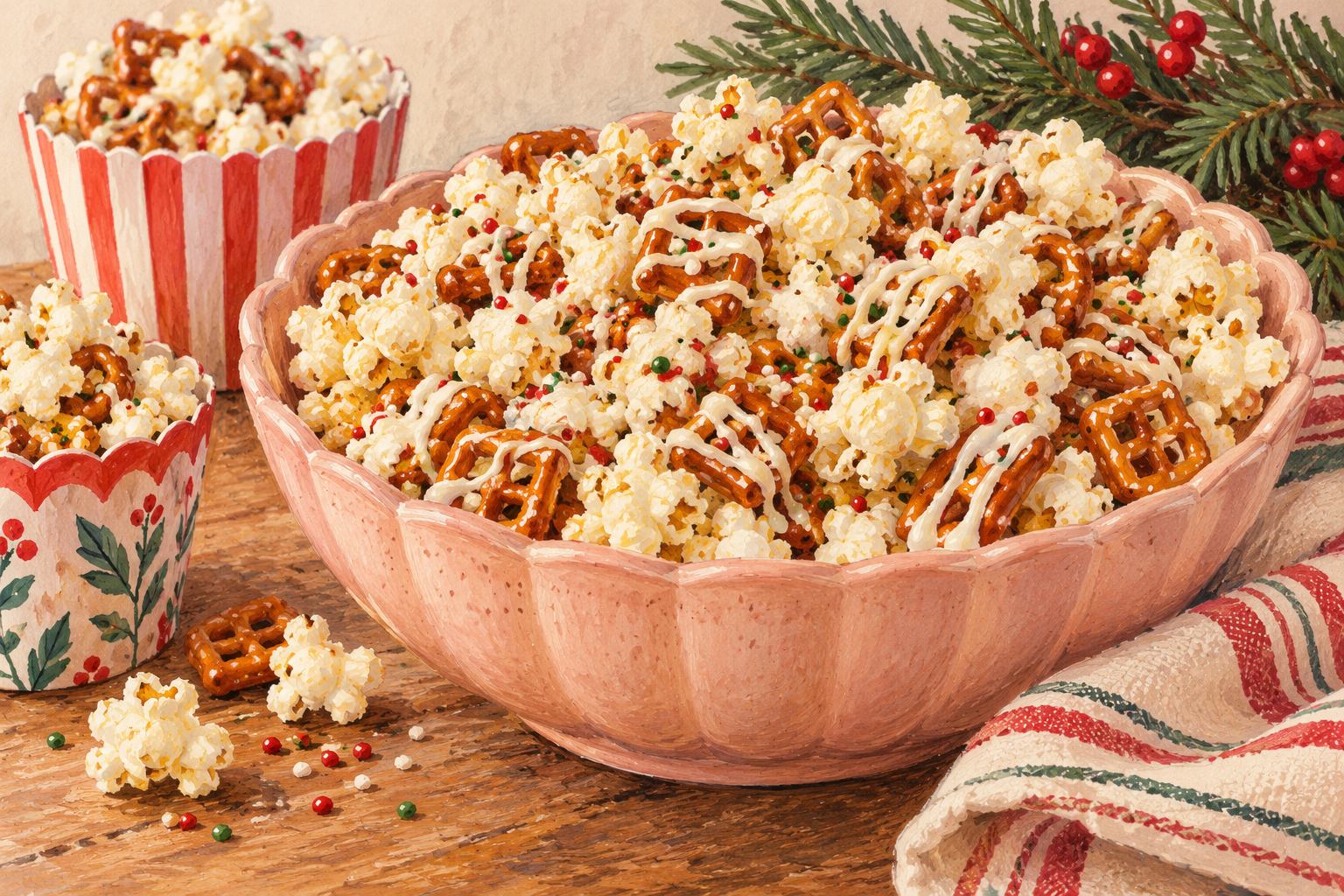 Gouache illustration of popcorn and pretzel crunch with white drizzle and festive sprinkles in a blush bowl
