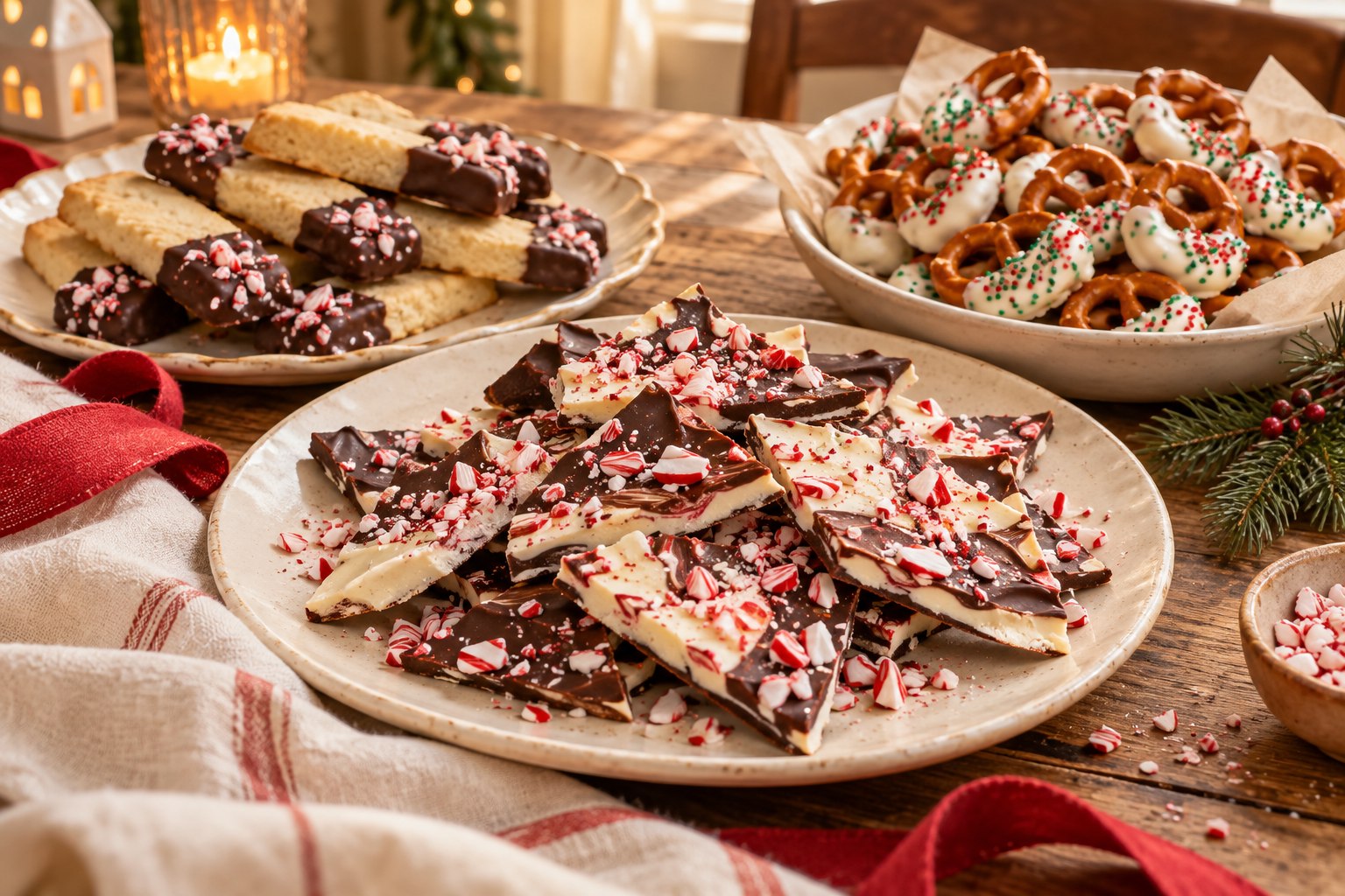 An illustrated Christmas spread of peppermint bark, dipped shortbread and festive pretzels