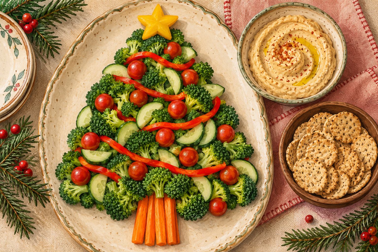 Overhead gouache illustration of a broccoli and cucumber Christmas tree with pepper garlands, tomato ornaments and hummus on the side
