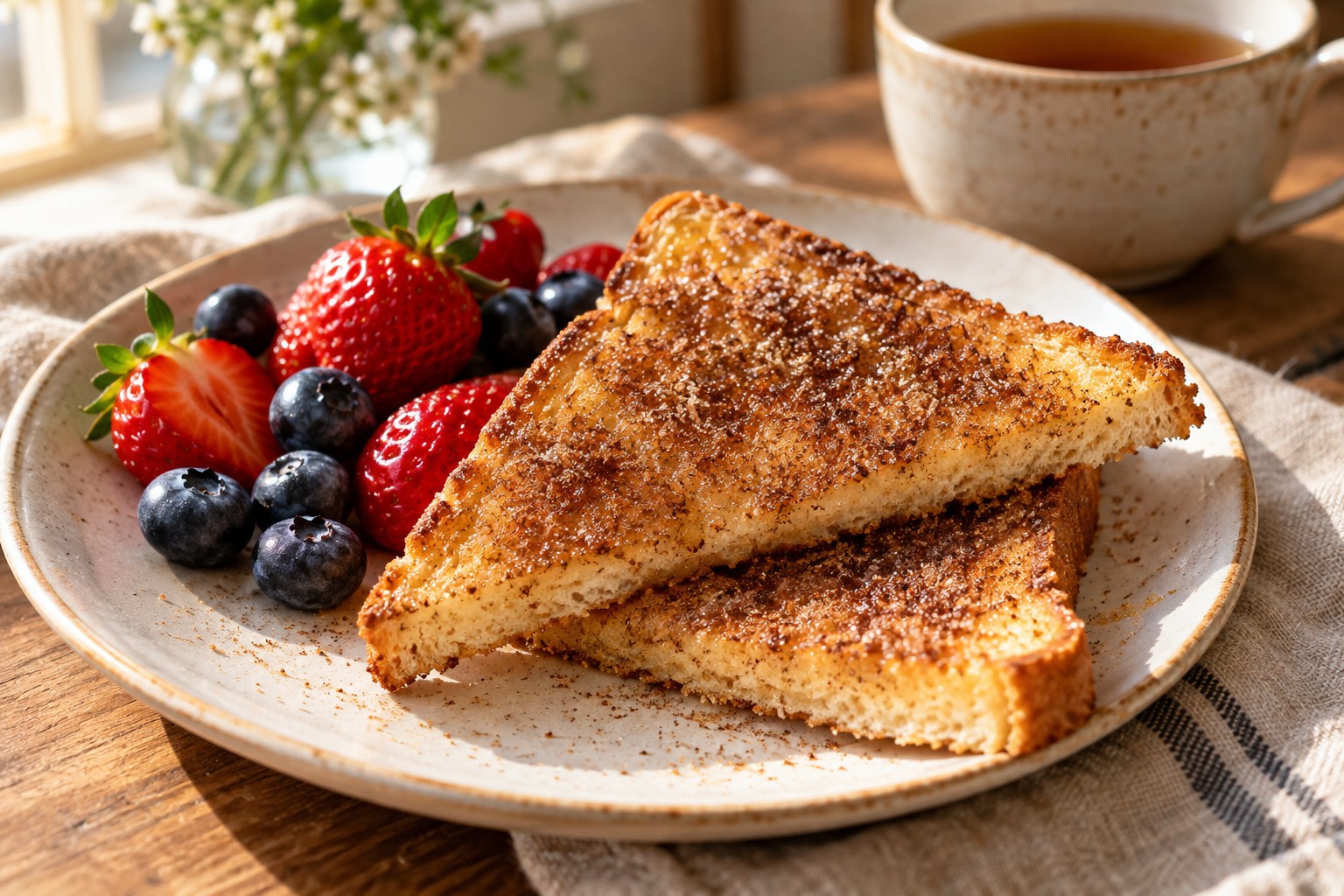 Cinnamon toast with berries beside a cup of tea