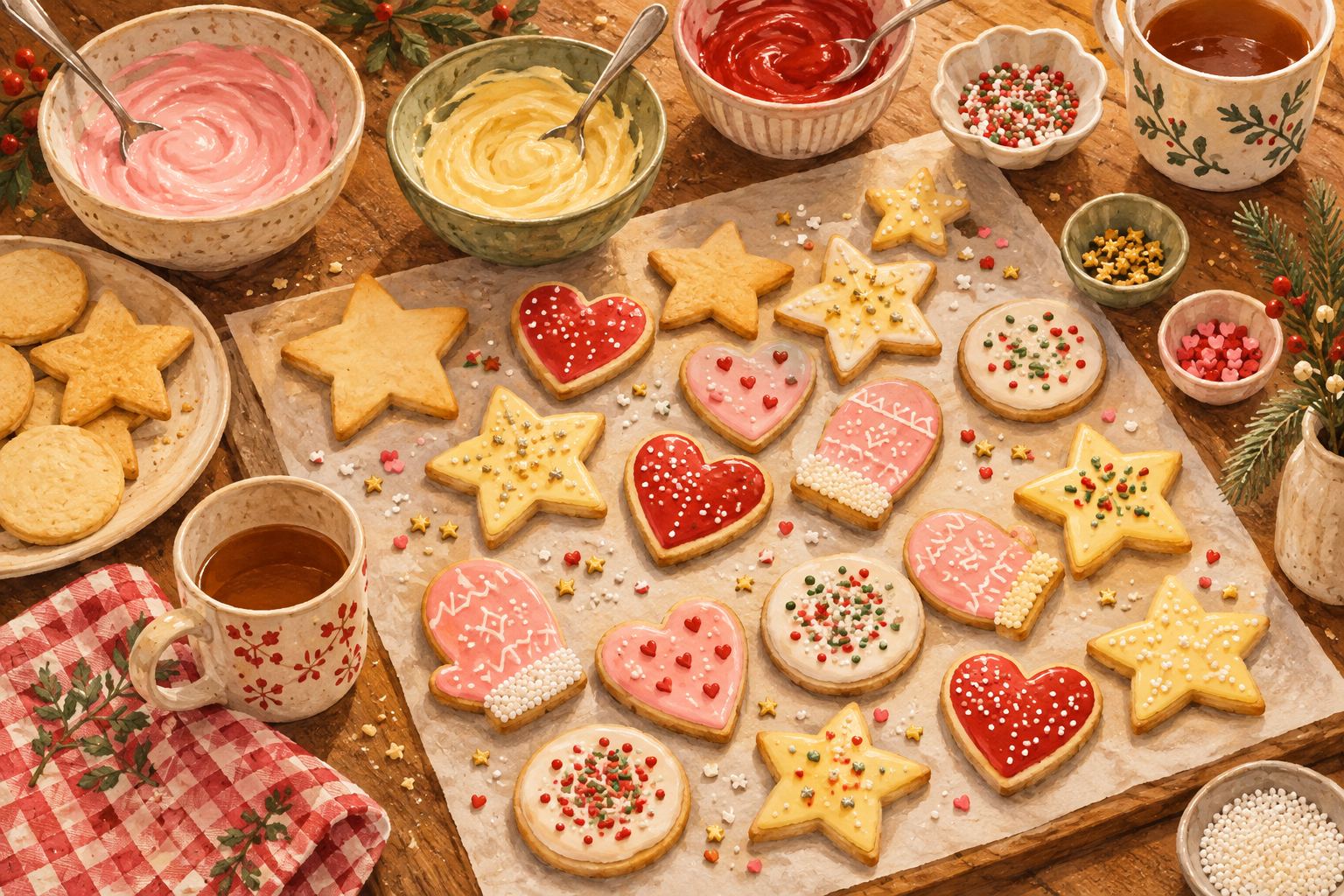 Hand-painted cookie-decorating table with baked stars and hearts, frosting bowls, sprinkles and tea mugs