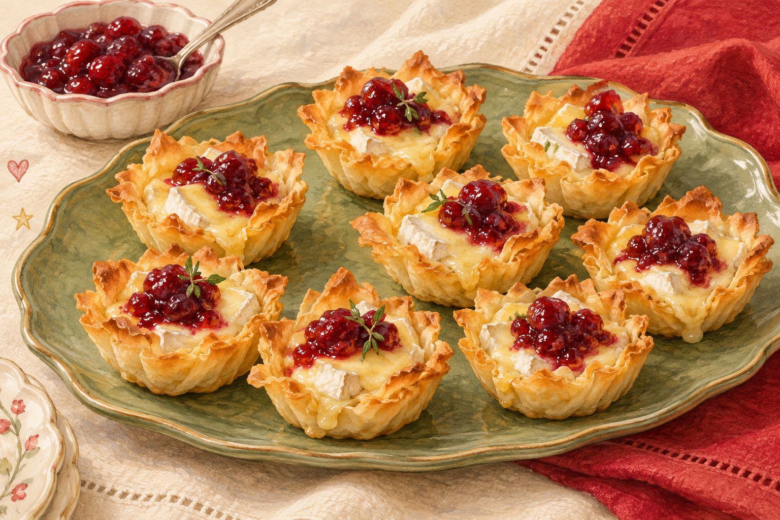 Hand-painted golden phyllo cups filled with melted brie and cranberry sauce on a sage platter