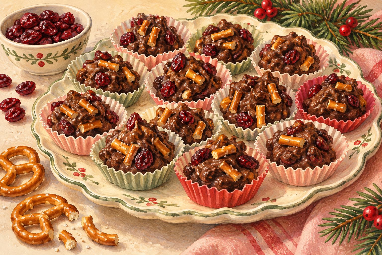 Gouache illustration of irregular chocolate cranberry and pretzel clusters in paper candy cups on a cream plate