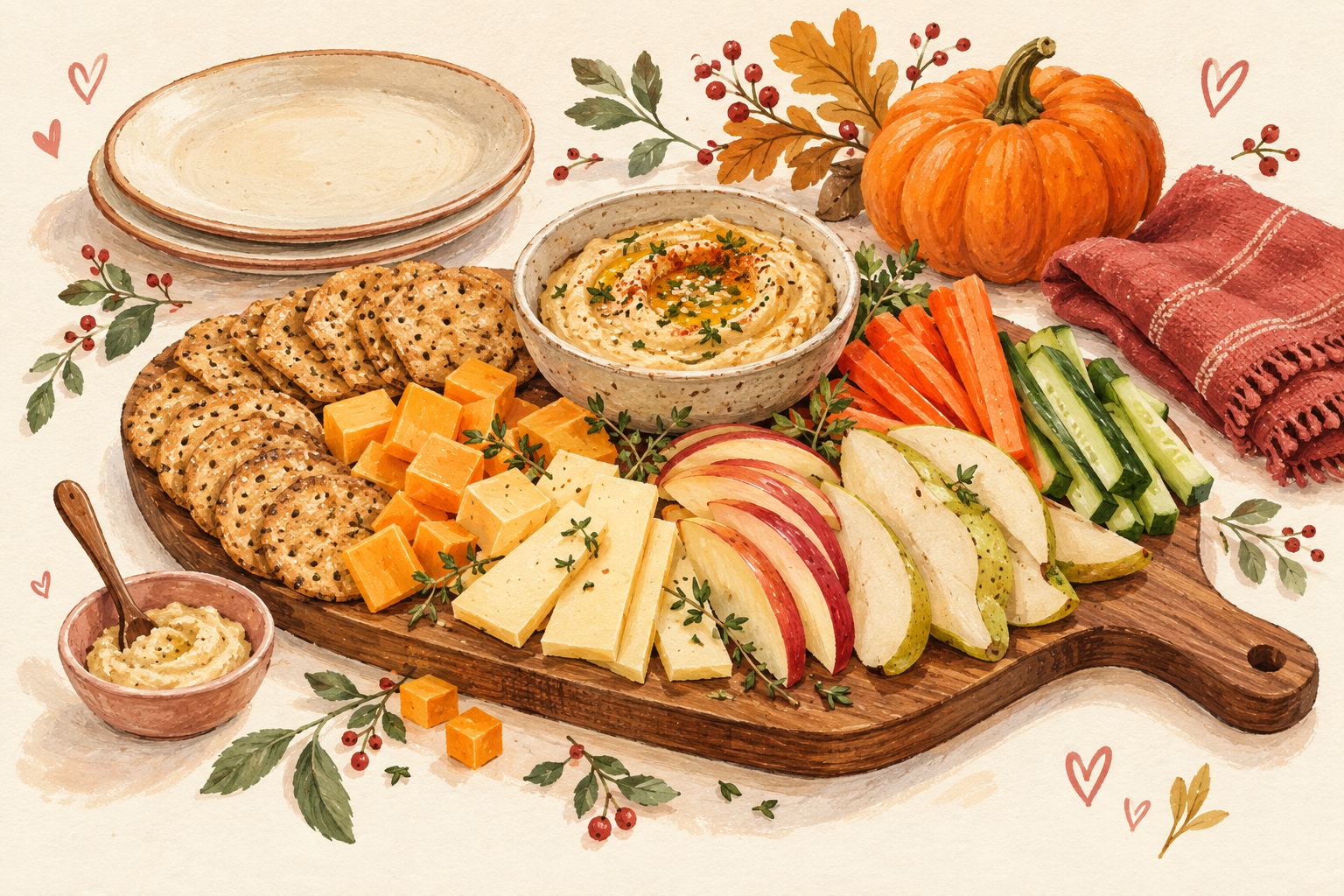 Autumn gouache illustration of a simple Friendsgiving board with cheese, crackers, fruit, vegetables and hummus