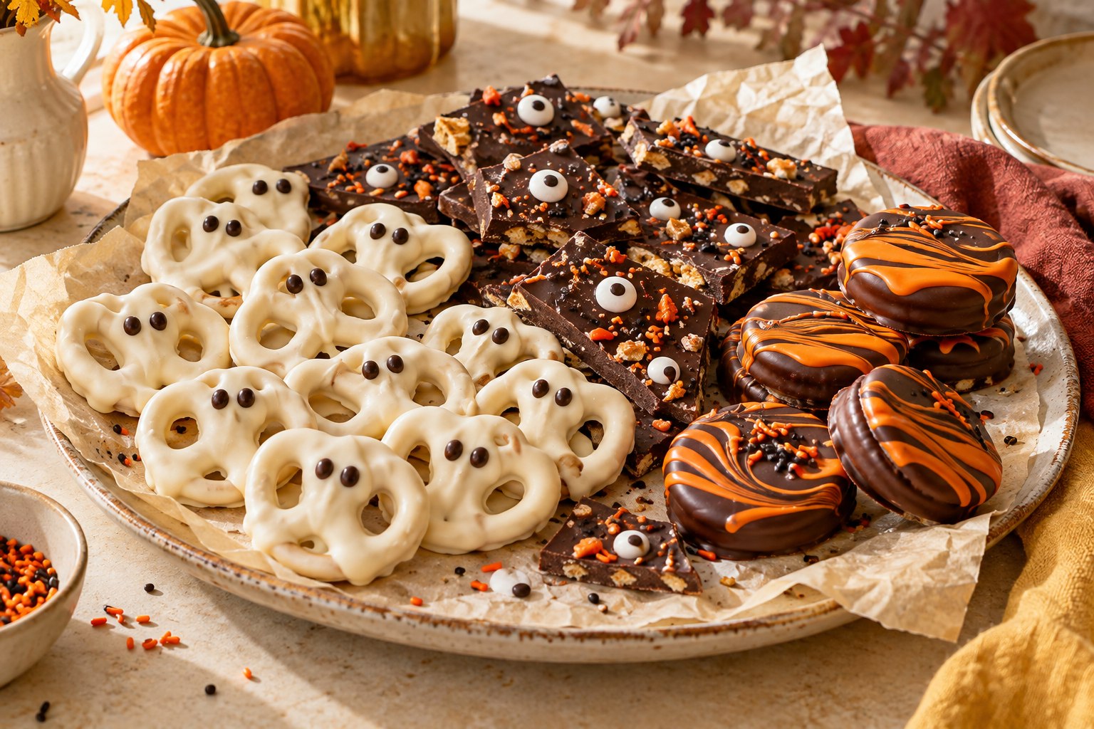 An illustrated platter of homemade pretzel ghosts, monster bark and dipped Halloween cookies