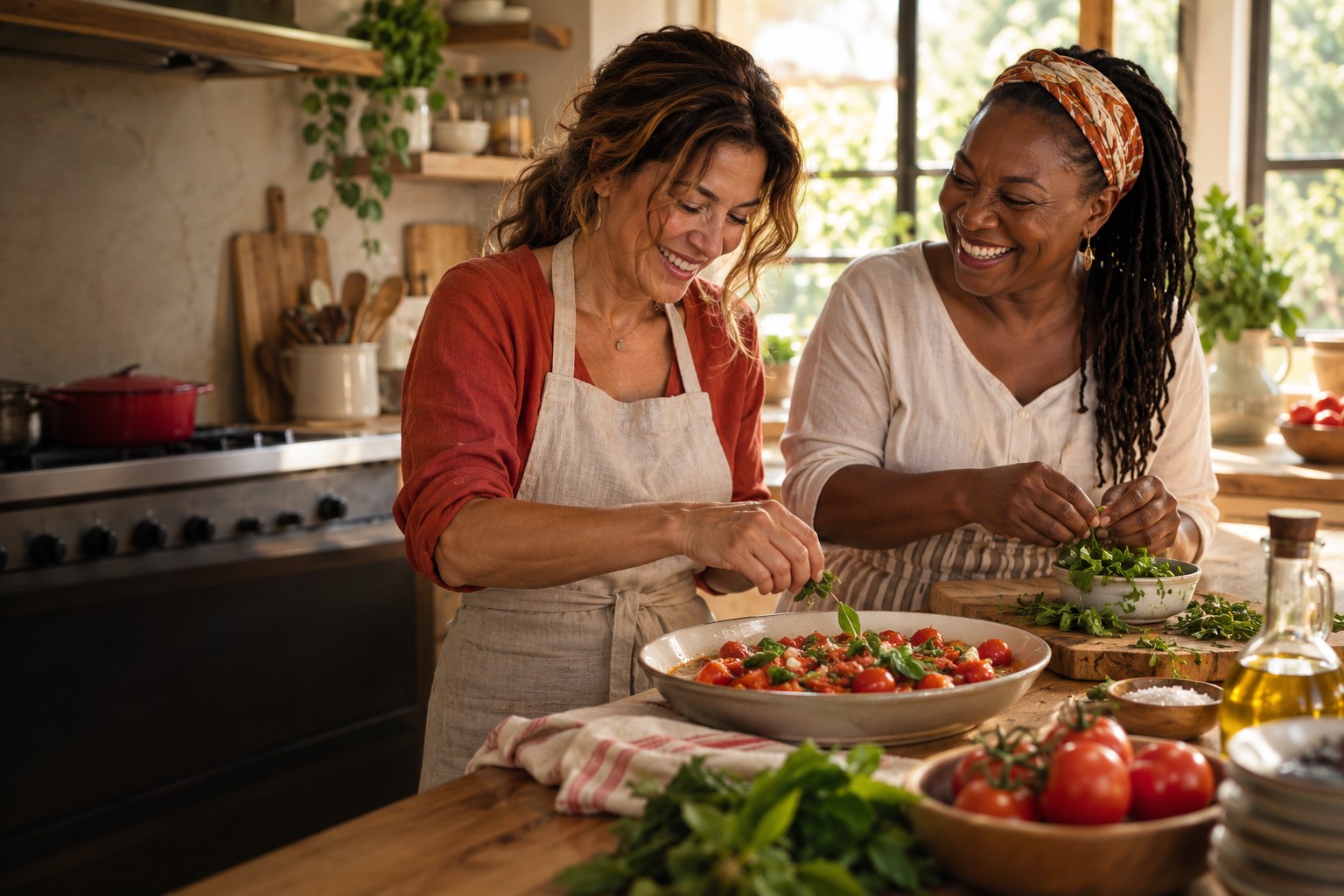 Two women enjoying a moment as they prepare a meal together