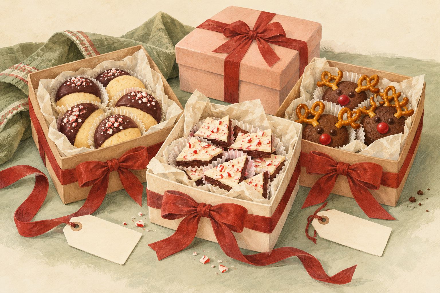 Gouache illustration of parchment-lined holiday treat boxes with shortbread, bark and reindeer cookies, tied with red bows