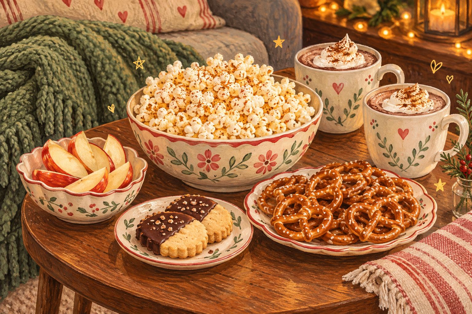 Gouache illustration of popcorn, pretzels, apple slices, dipped biscuits and cocoa beside a sage blanket