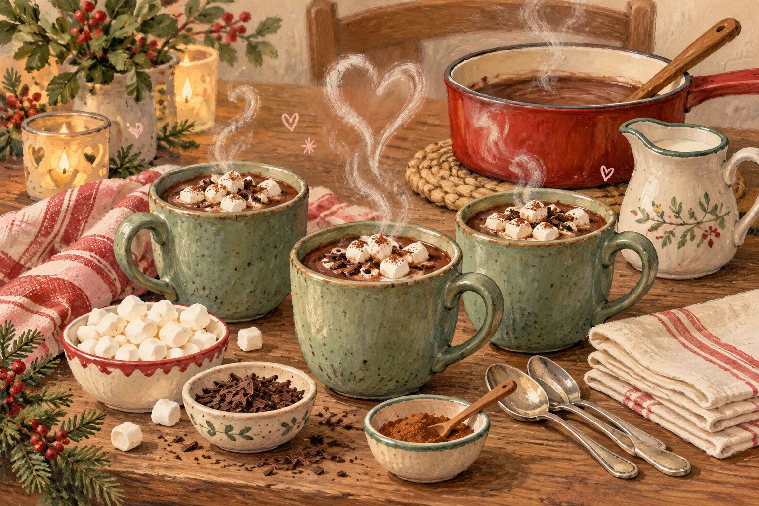 Gouache illustration of a cozy cocoa station with sage mugs, small topping bowls and a pan on a trivet