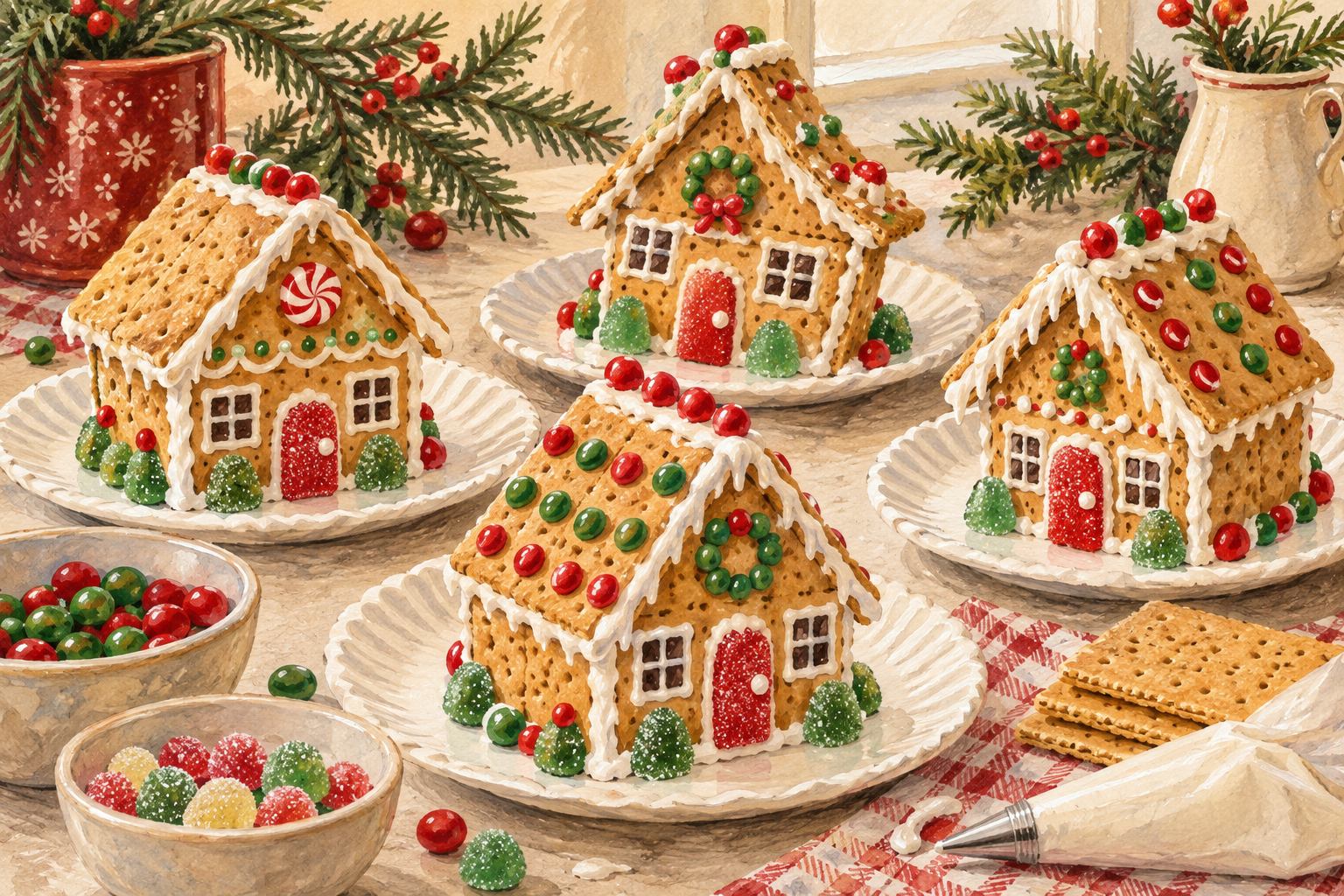 Gouache illustration of four small graham-cracker cottages with white icing seams and red and green candies on individual plates