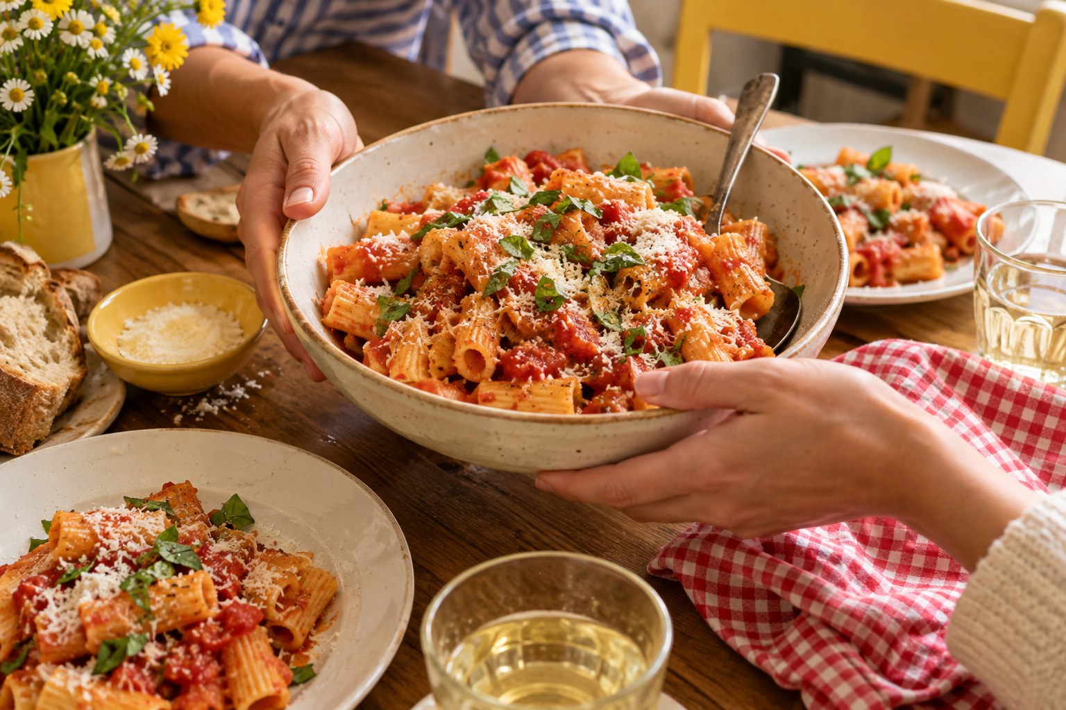 An inviting bowl of tomato pasta with basil