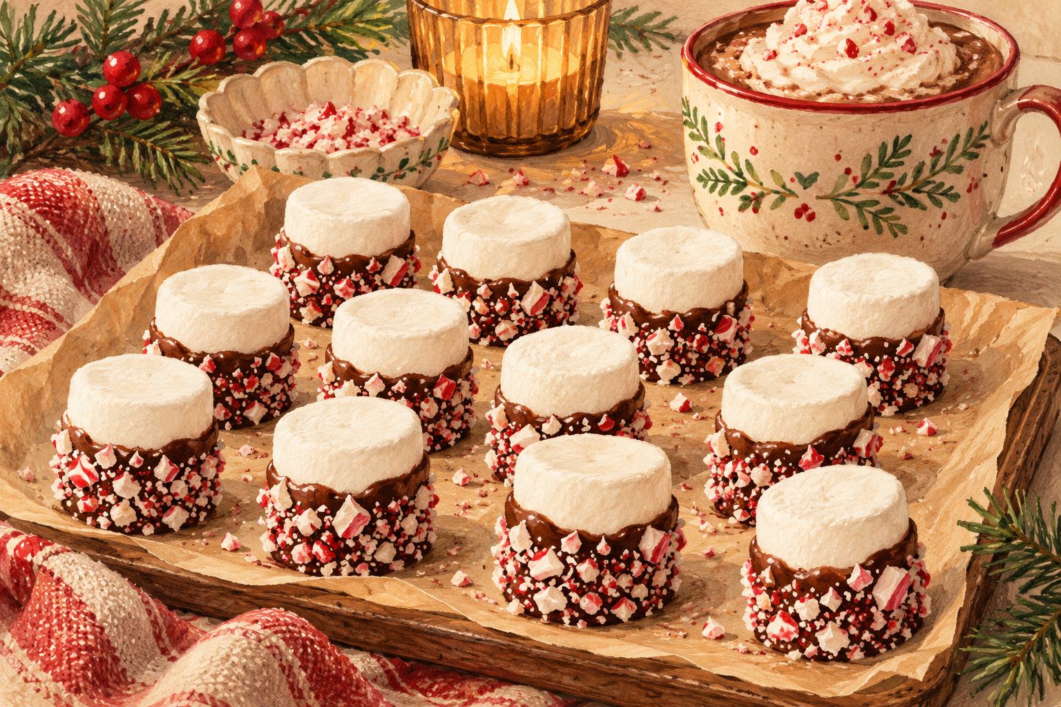 Hand-painted white marshmallows half dipped in chocolate and crushed peppermint beside a cozy cocoa mug