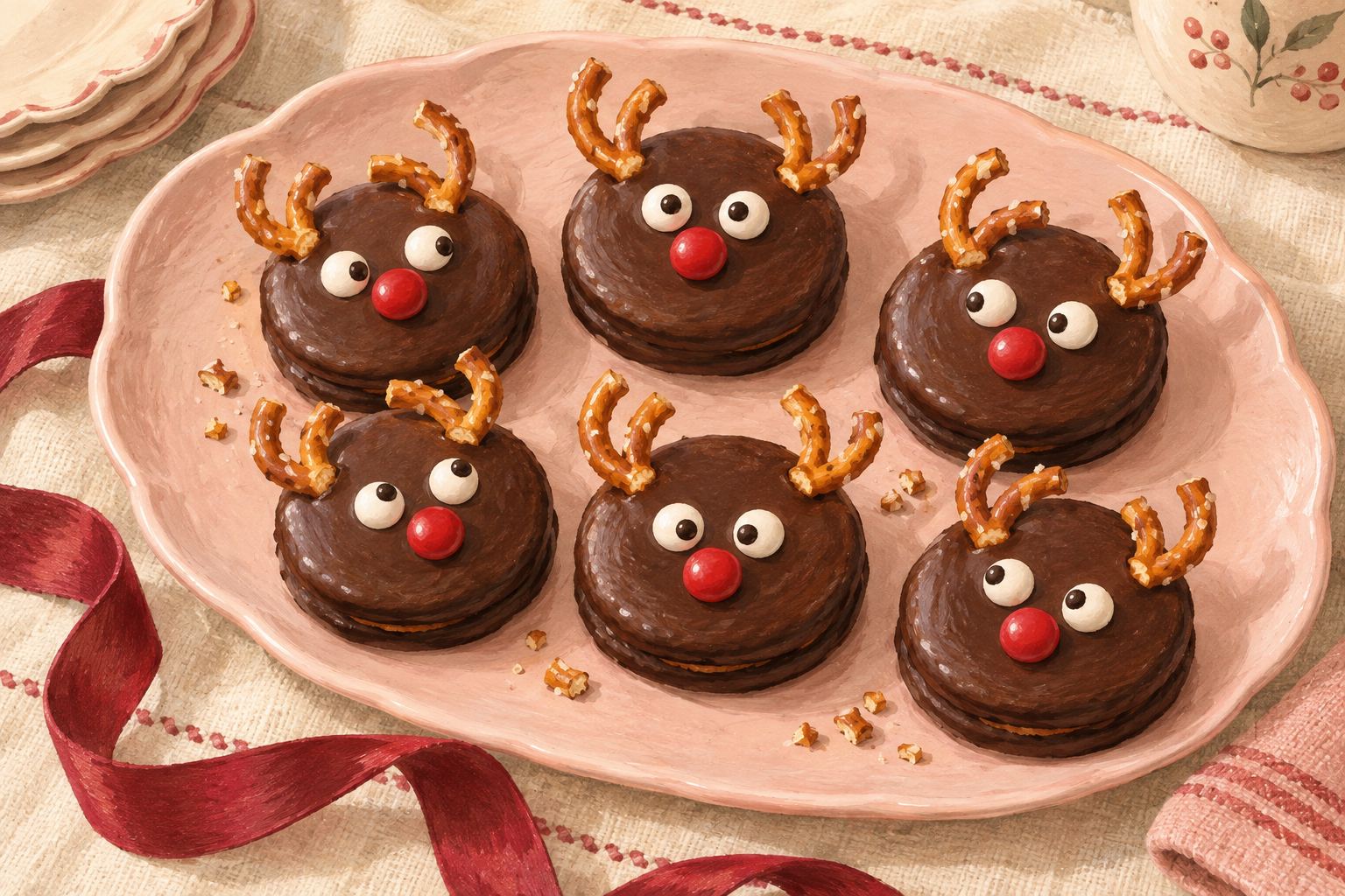 Hand-painted chocolate reindeer cookies with pretzel antlers and red candy noses on a pink platter