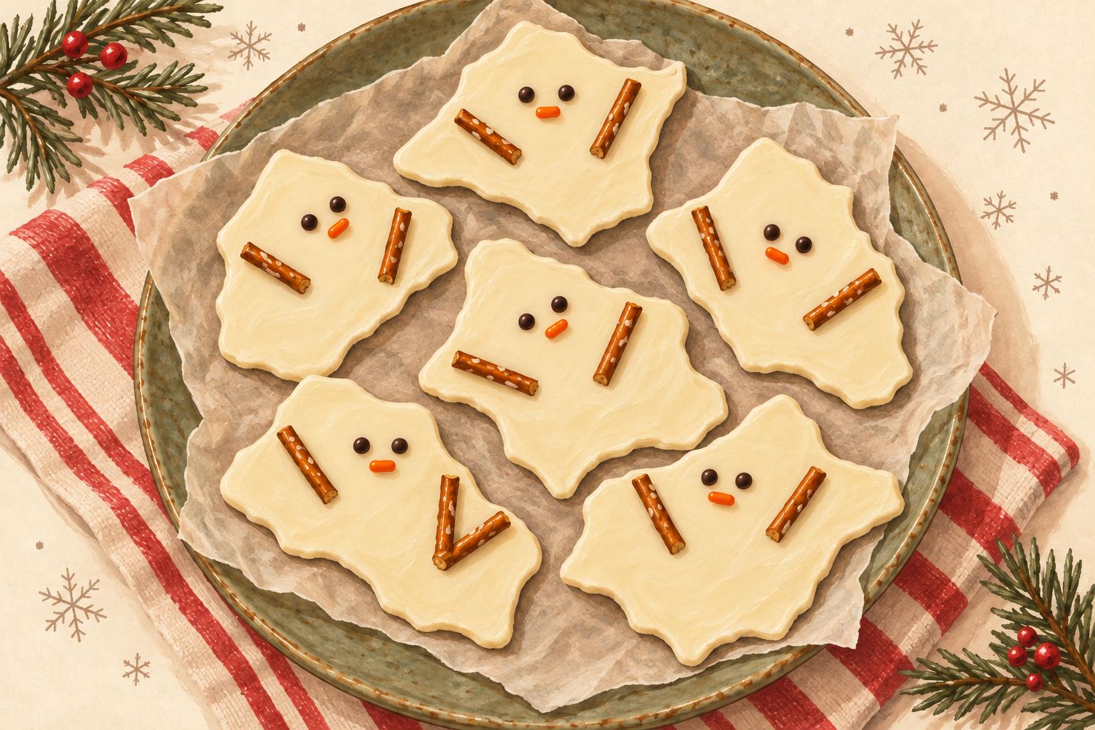 Gouache illustration of funny melted snowman bark pieces with chocolate eyes and pretzel arms