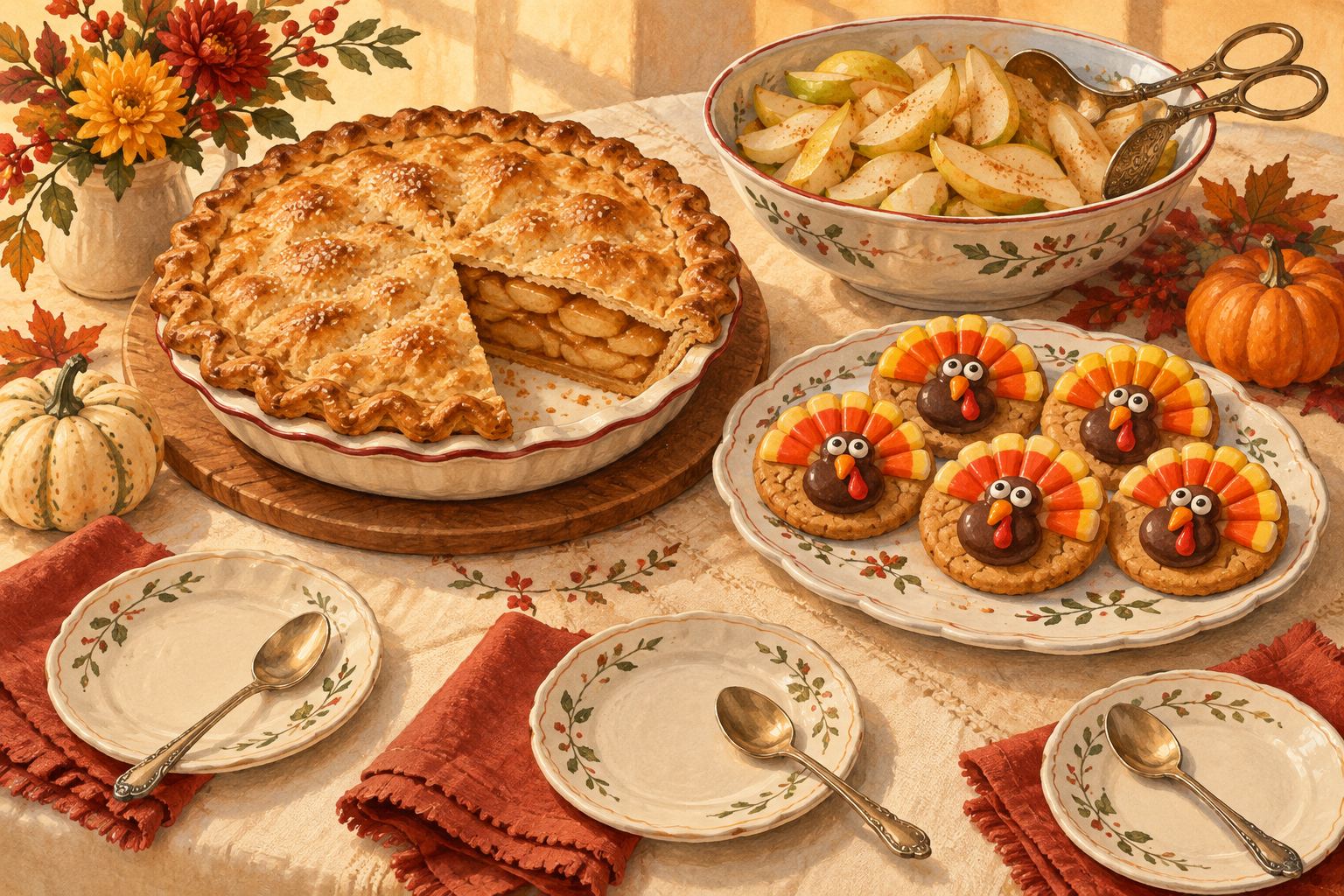 Warm gouache illustration of an apple pie, cheerful turkey cookies, sliced pears and small dessert plates