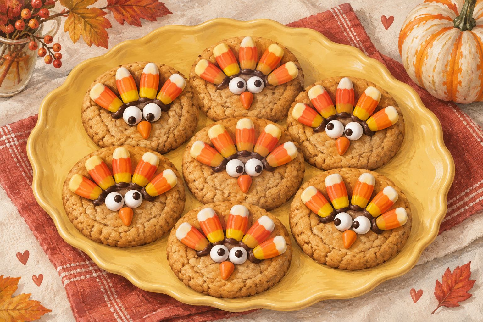 Hand-painted turkey-decorated cookies with candy-corn feather fans, funny eyes and orange beaks