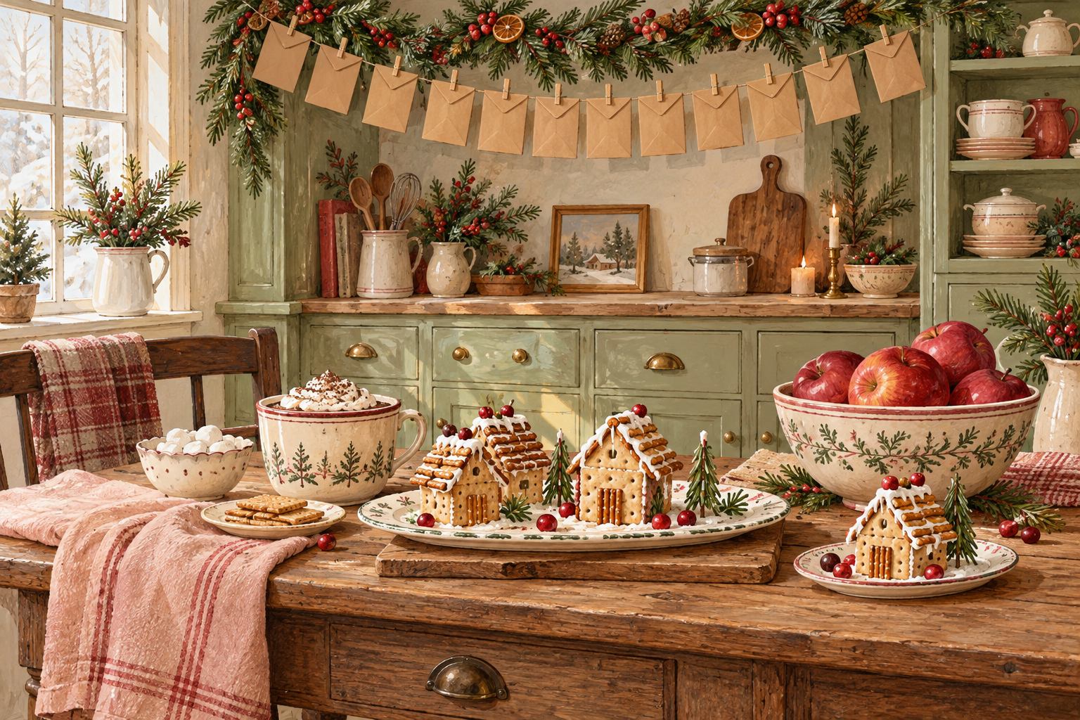Gouache illustration of a cozy sage kitchen with a garland of blank paper envelopes, cocoa, apples and a tiny cracker cottage
