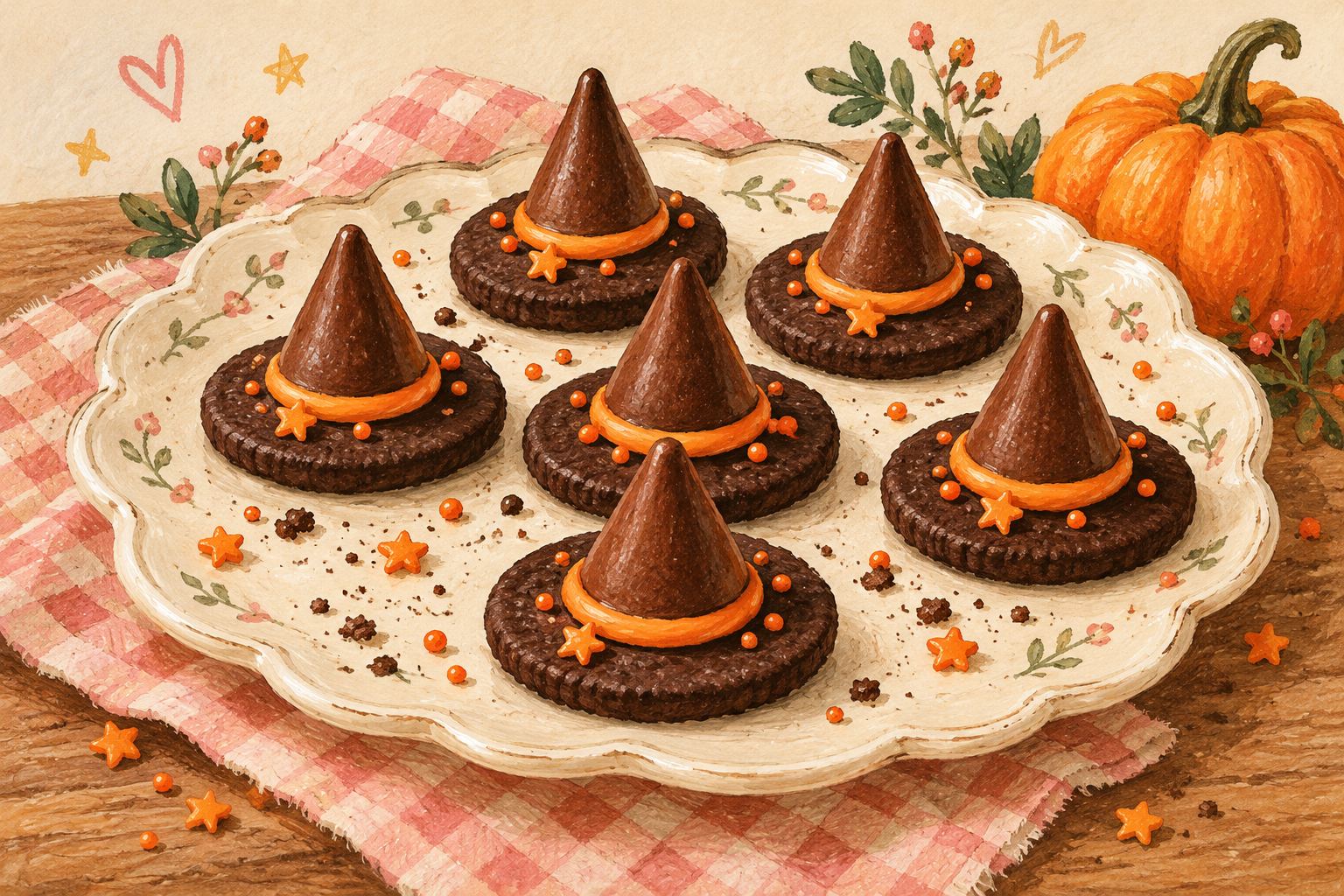 Gouache illustration of chocolate-cookie witch hats with pointed candy tops and orange icing bands